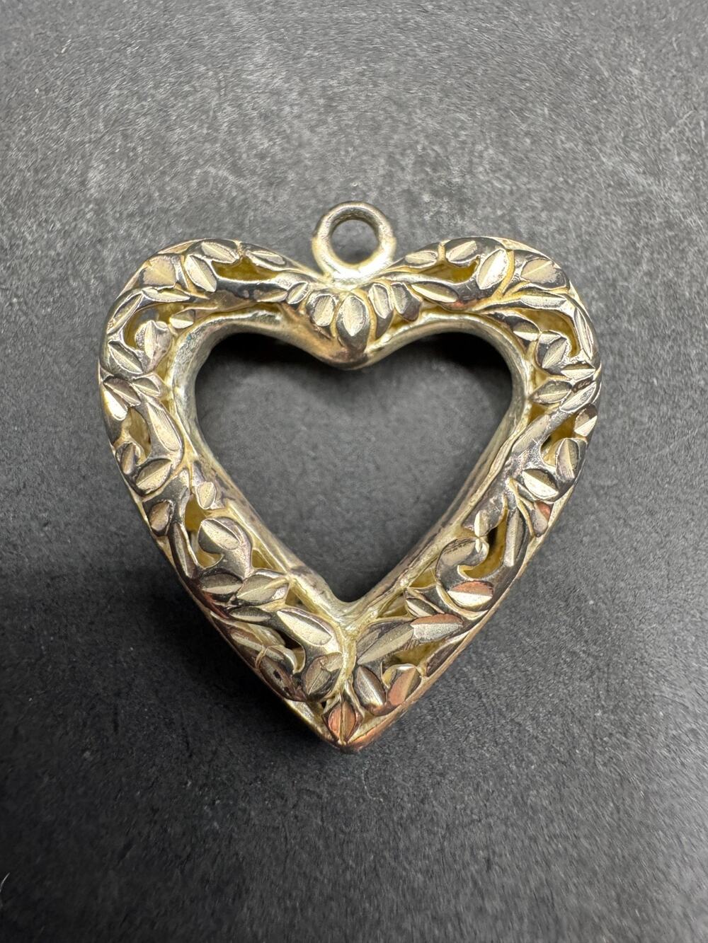 Vintage Silver Tone Floral Engraving Design Open Heart Pendant 0.81"